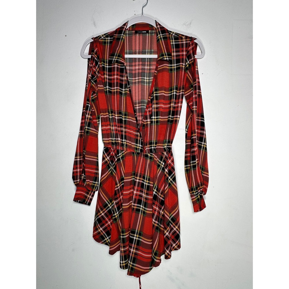 Fashion Nova Womens Red Plaid Cold Shoulder Romper V-Neck Long Sleeve S